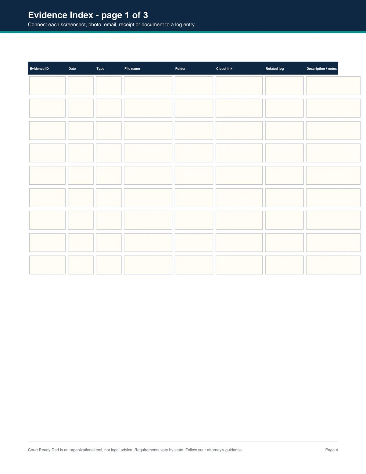 Start Here & Evidence Index - real page from Court Ready Dad PDF