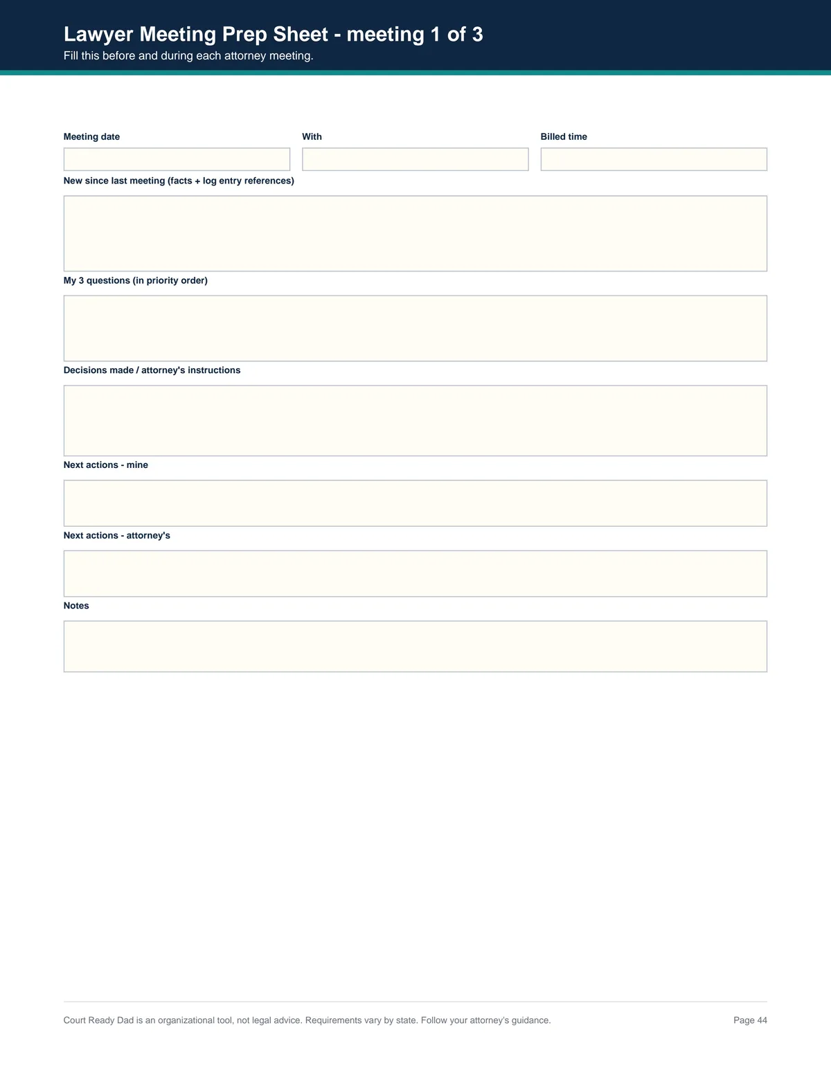 Lawyer Meeting Prep - real page from Court Ready Dad PDF