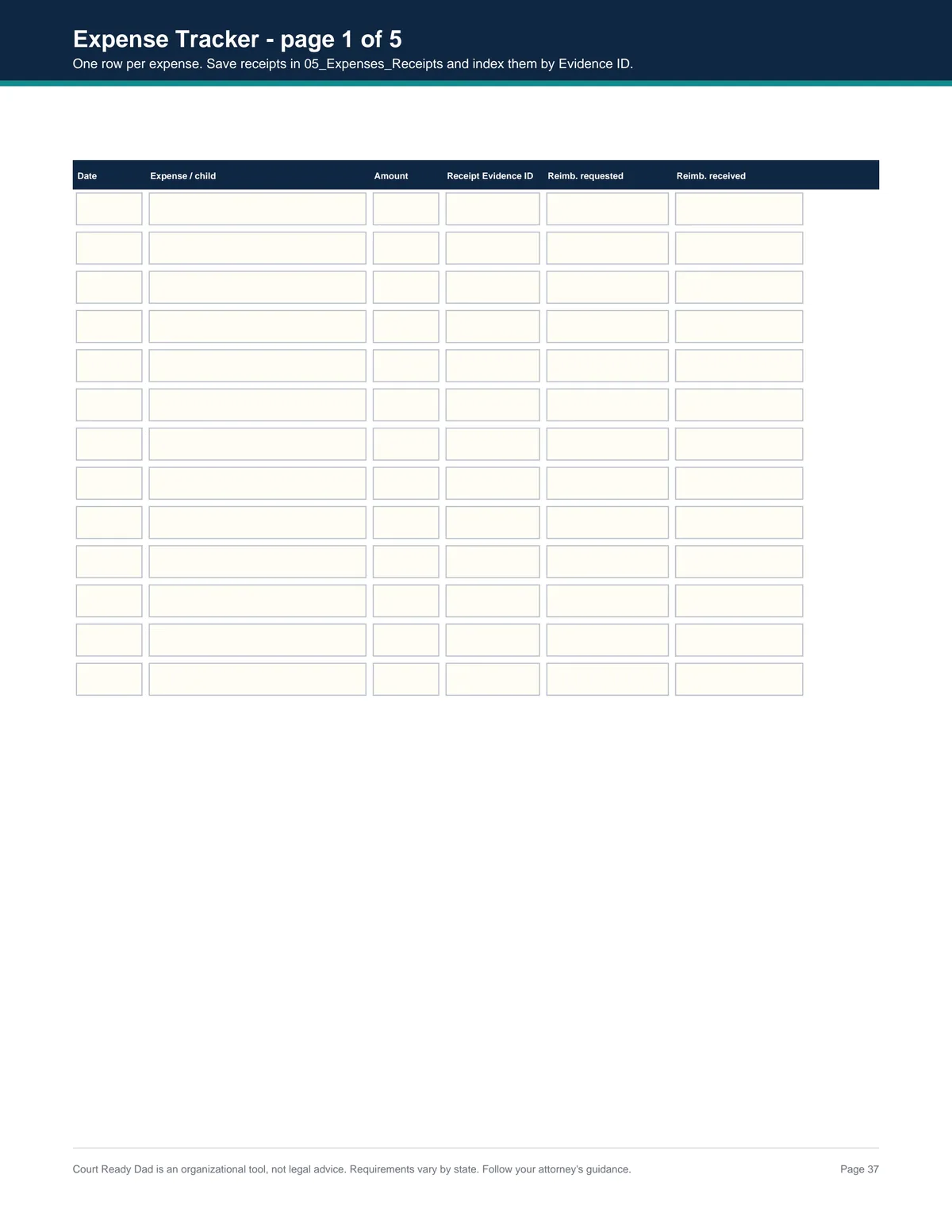 Expense Tracker - real page from Court Ready Dad PDF