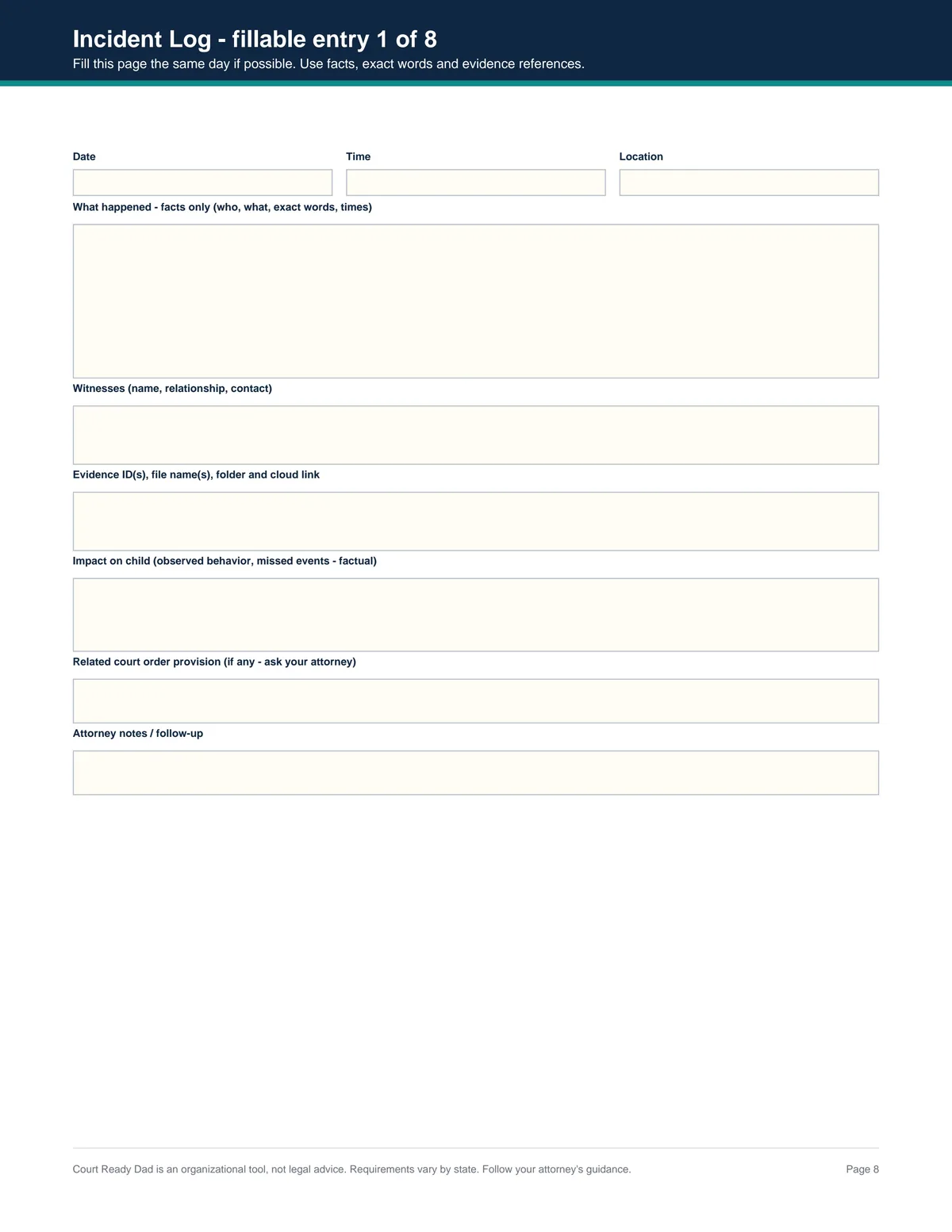 Incident Log - real page from Court Ready Dad PDF