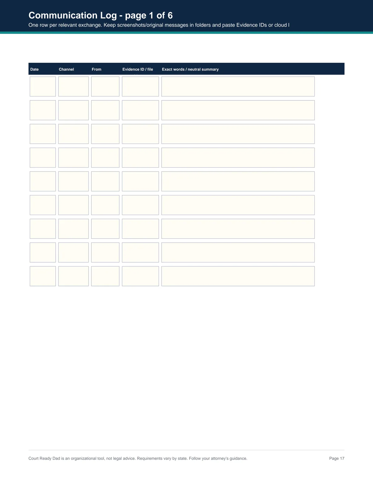 Communication Log - real page from Court Ready Dad PDF
