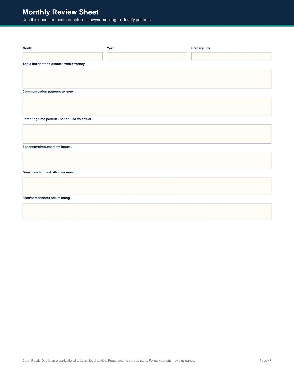 Monthly Review & Notes - real page from Court Ready Dad PDF