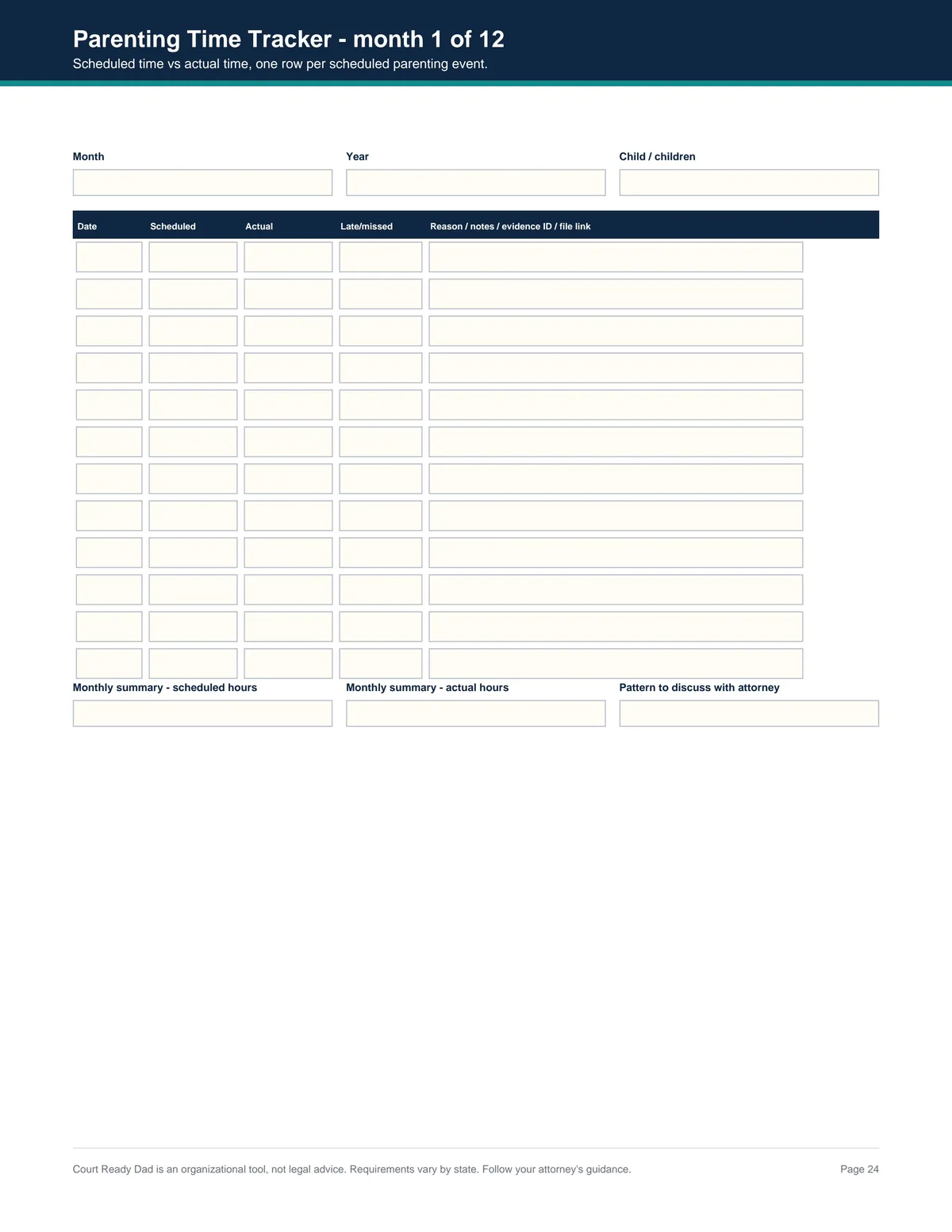 Parenting Time Tracker - real page from Court Ready Dad PDF