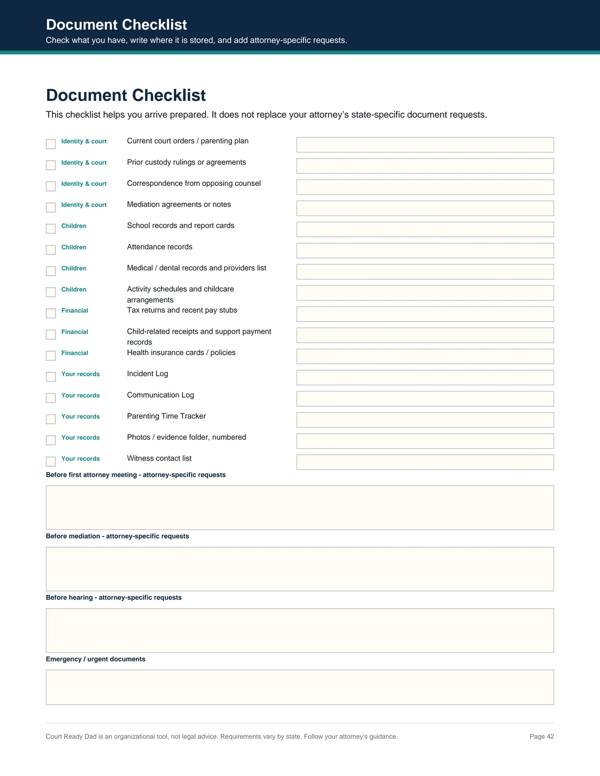 Document Checklist - real page from Court Ready Dad PDF