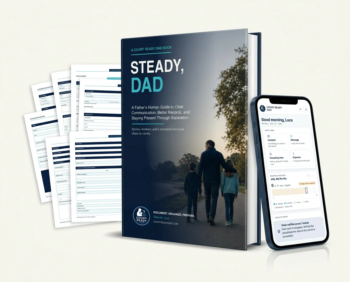 Court Ready Dad bundle: the Steady, Dad book, the Court Ready Dad app on a phone, and the 8 part fillable document kit fanned behind